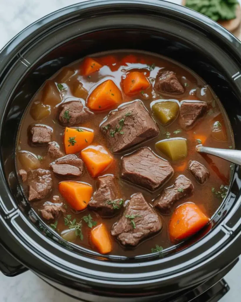 beef stew in crockpot served hot in a rustic bowl