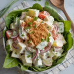 Creamy potato salad in a bowl with dill and paprika.