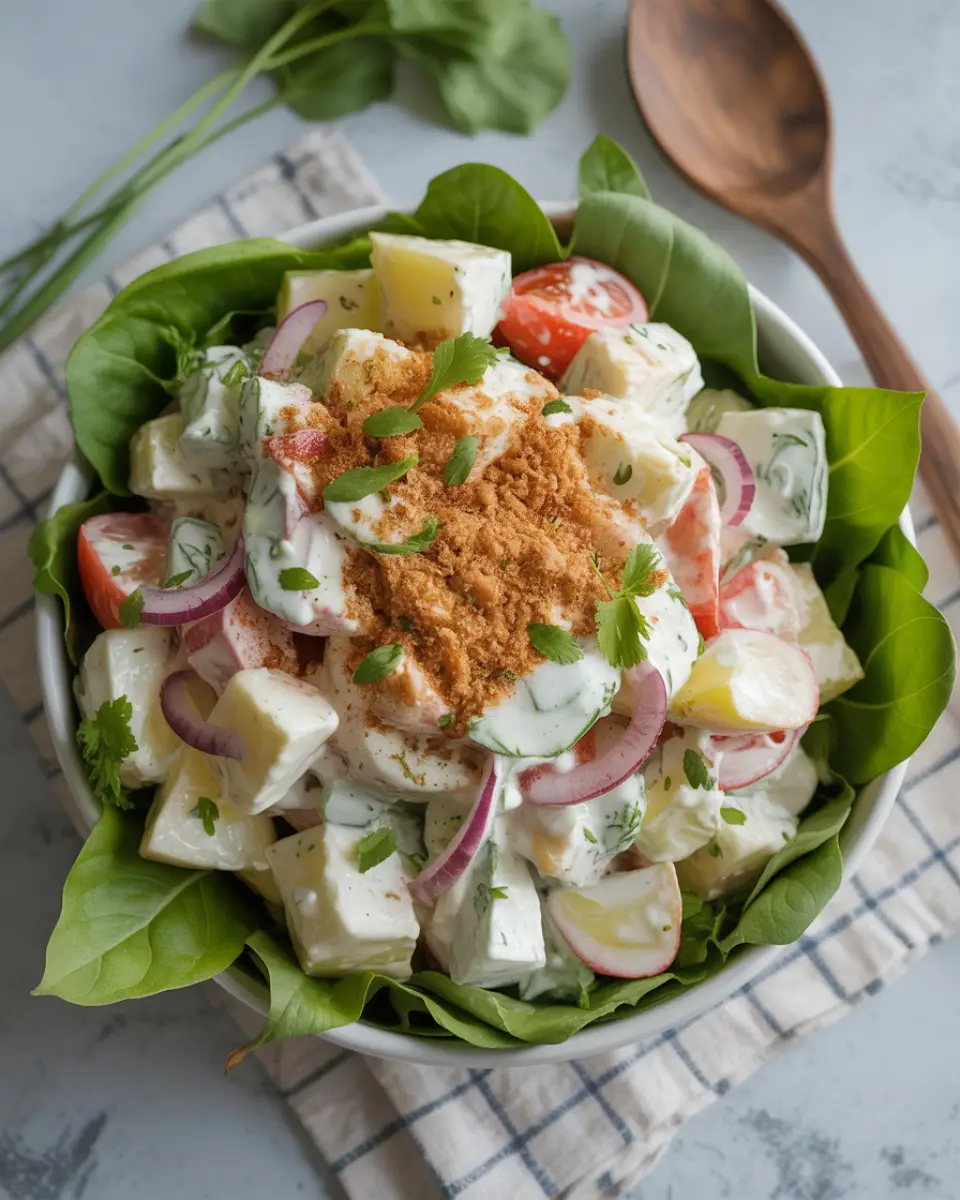 Creamy potato salad in a bowl with dill and paprika.