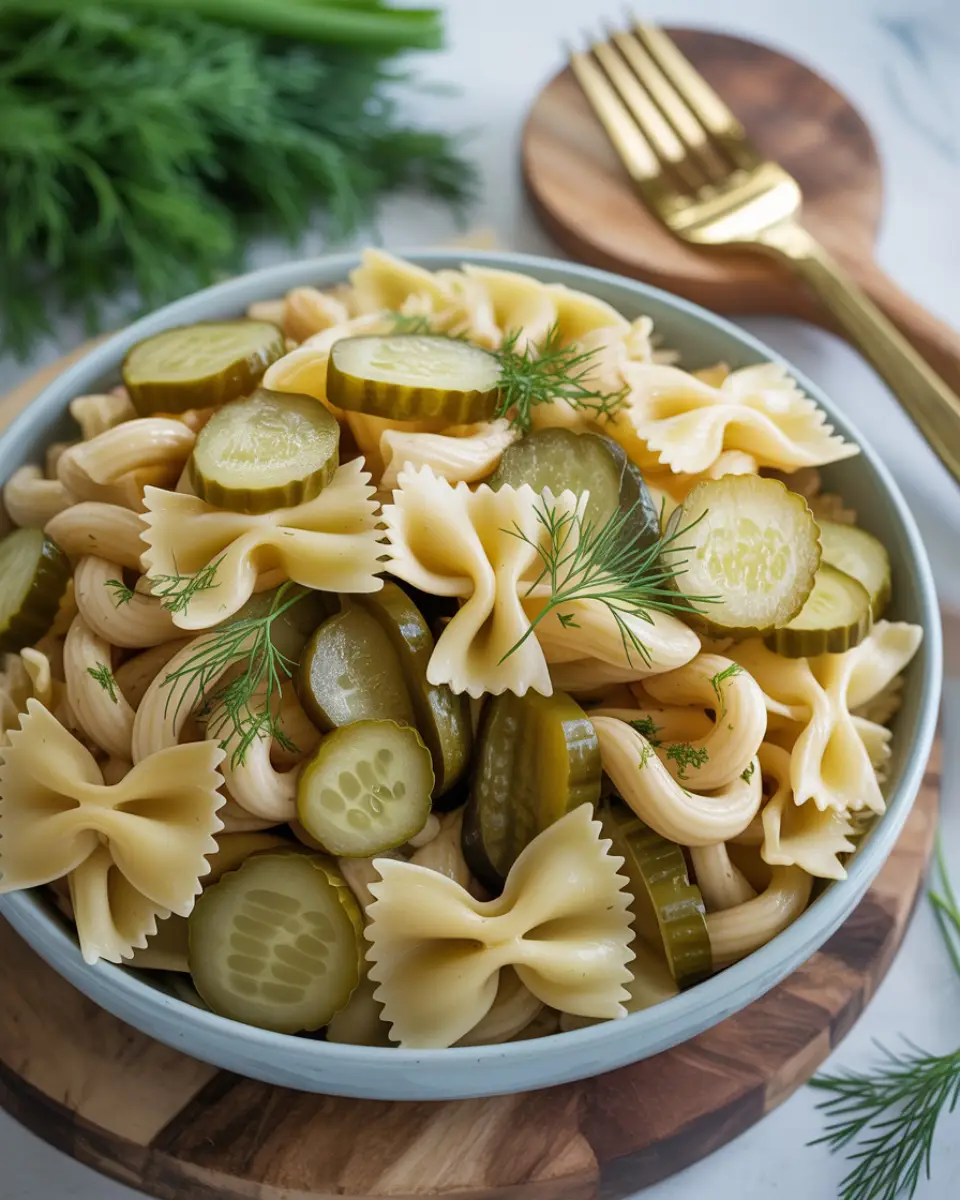 Dill pickle pasta salad in a bowl with creamy dressing and fresh dill