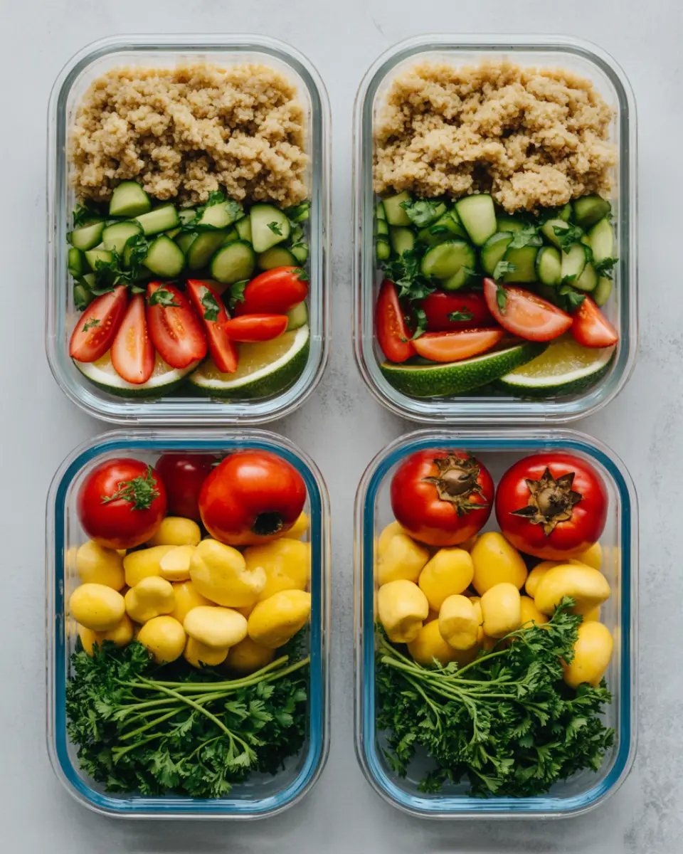 Vegan meal prep ideas with quinoa, black beans, and roasted vegetables in containers