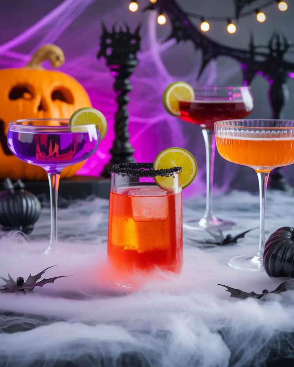 Halloween drink recipes on a spooky party table