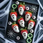 Halloween ghost strawberries on spooky black tray