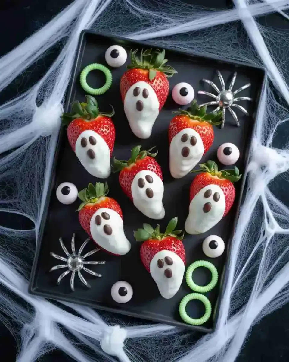Halloween ghost strawberries on spooky black tray