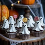 ghost cupcakes on Halloween table