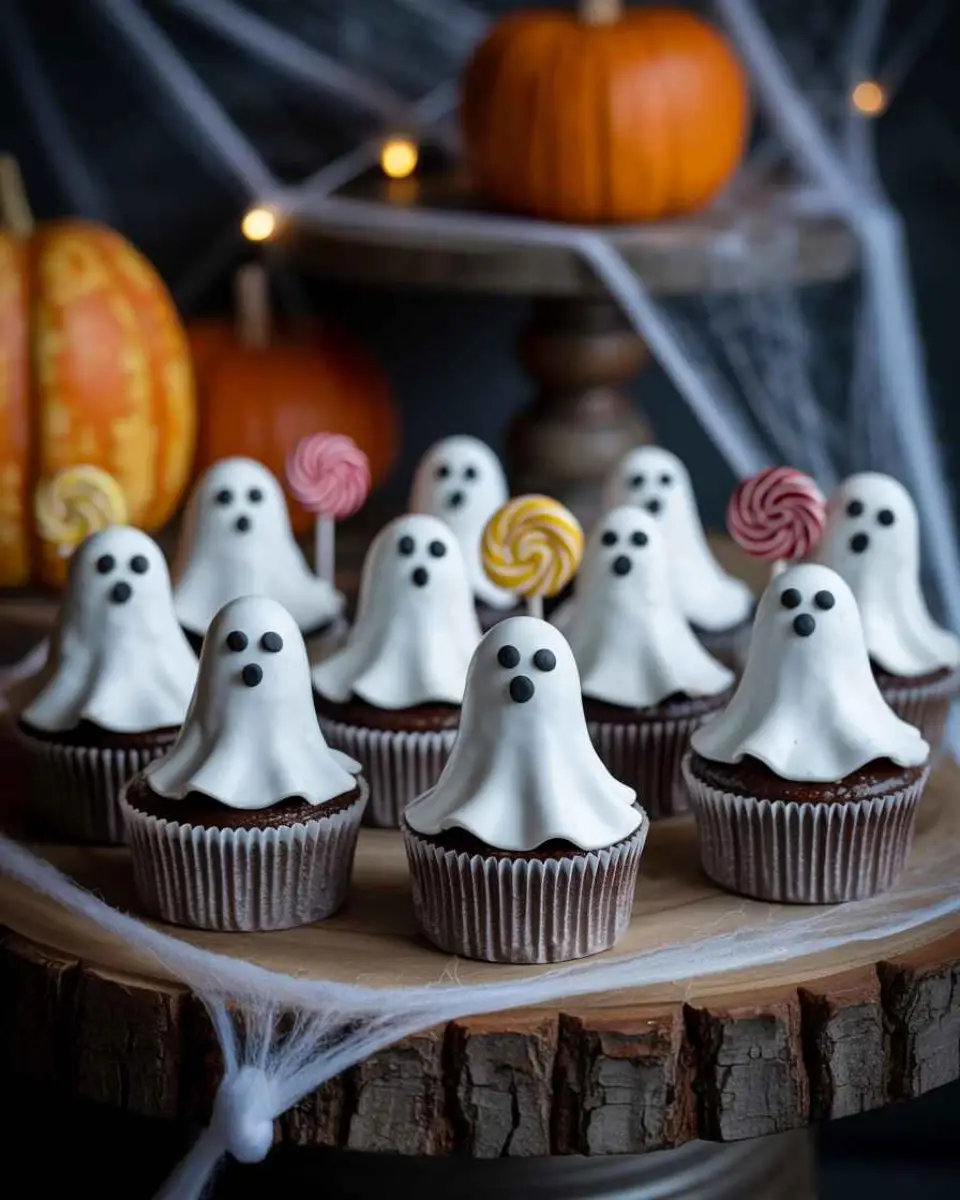 ghost cupcakes on Halloween table