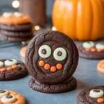 Halloween Chocolate Cookies on rustic tray with icing