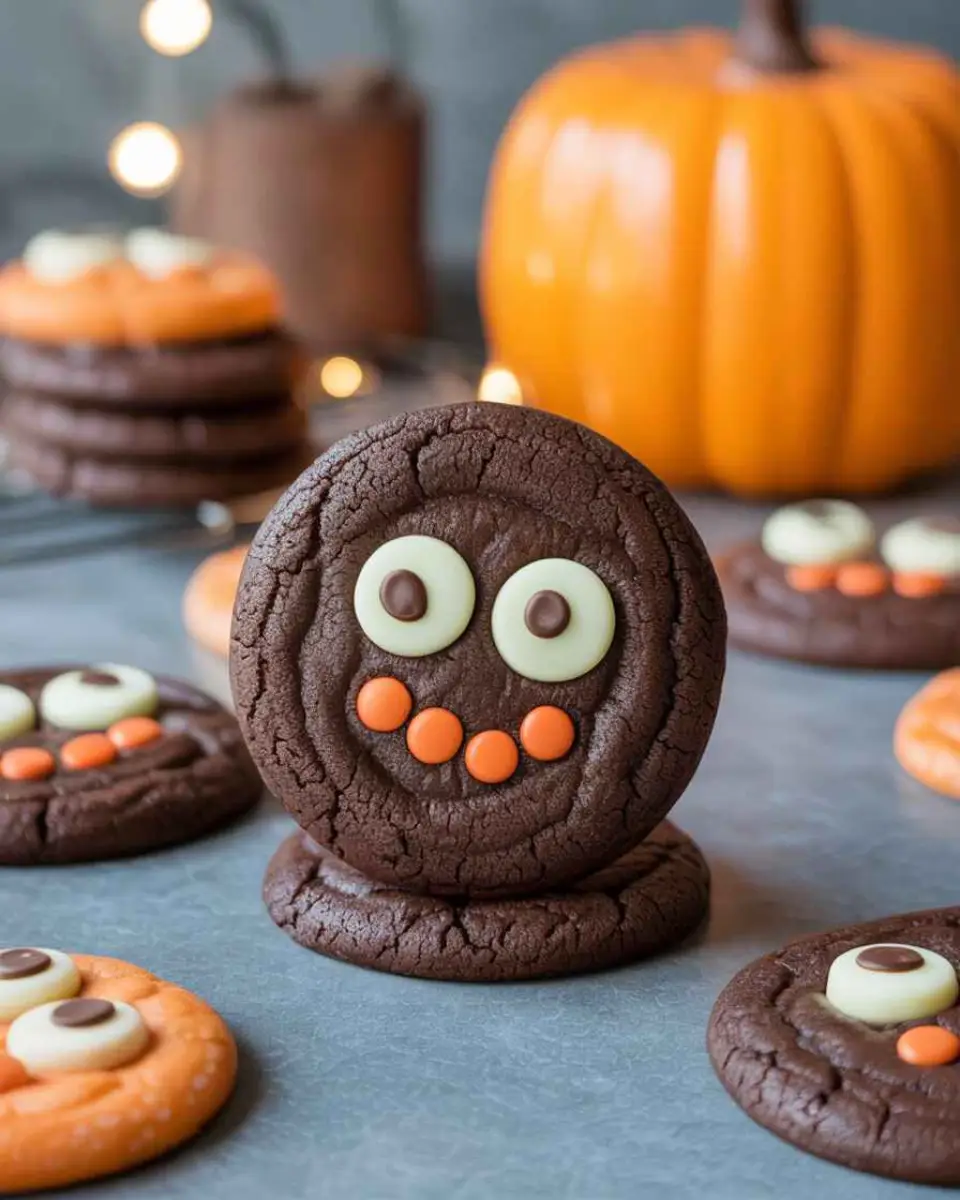 Halloween Chocolate Cookies on rustic tray with icing