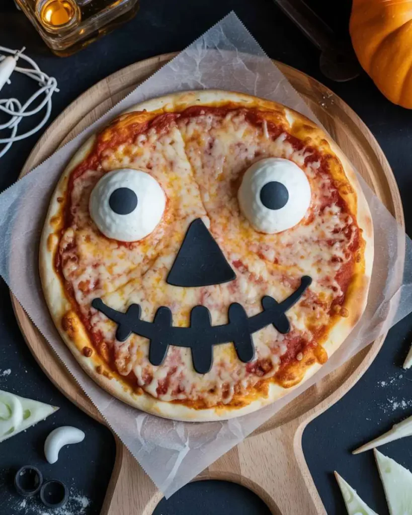 Halloween Pizza Faces with spooky toppings