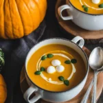 Halloween pumpkin soup with cozy fall setup