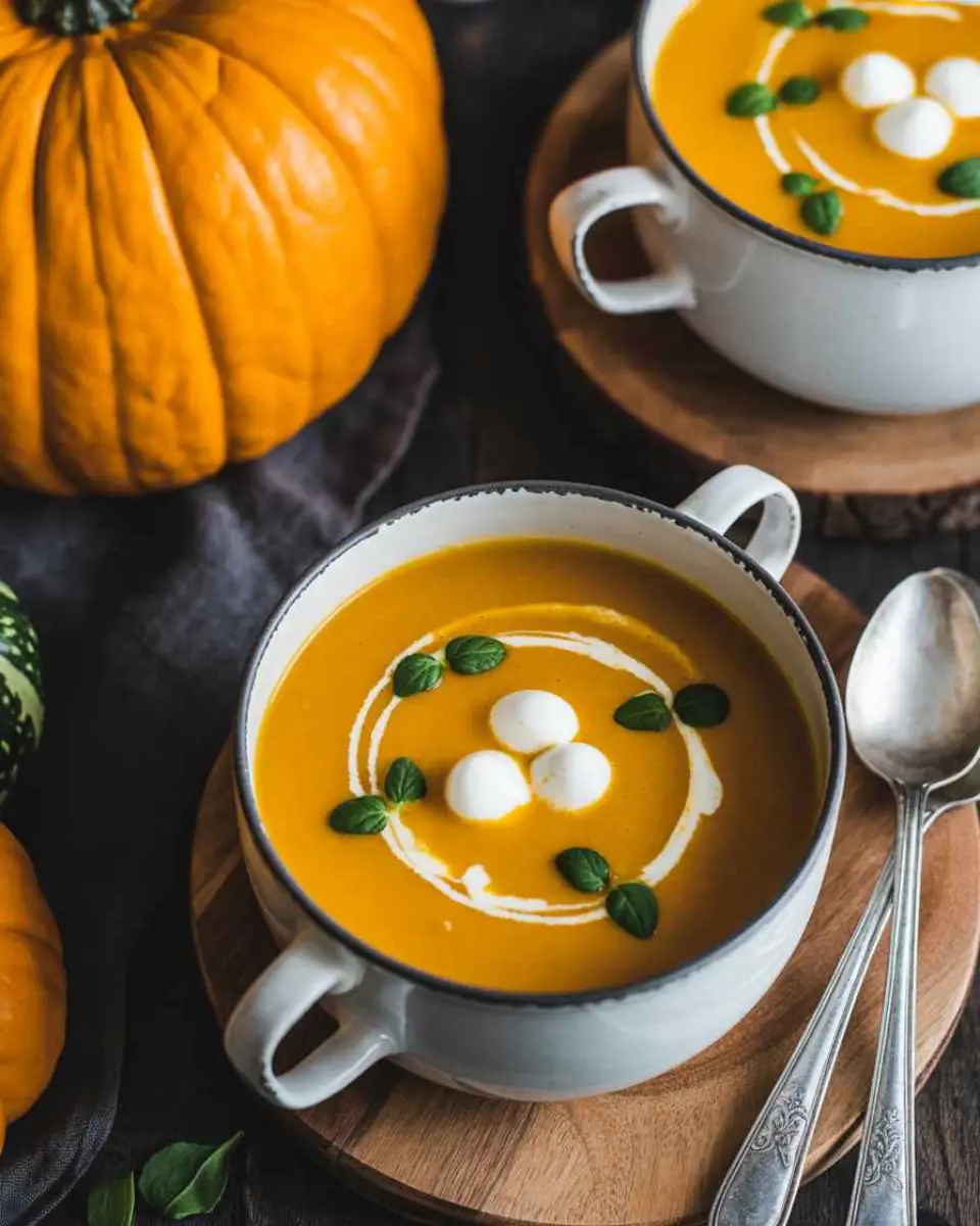 Halloween pumpkin soup with cozy fall setup