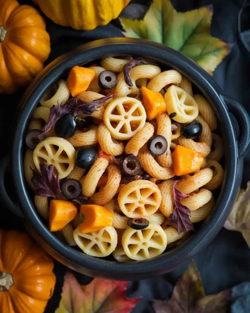Halloween Pasta in spooky bowl with fall décor