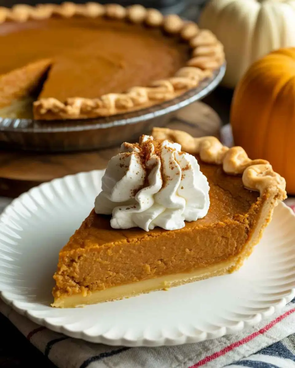 Best pumpkin pie recipe with whipped cream on rustic table