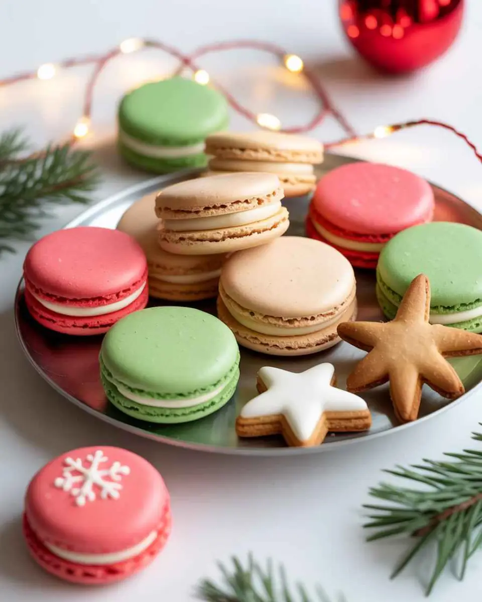 Christmas macarons decorated with red and green shells
