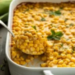 Corn casserole recipe freshly baked in a white dish