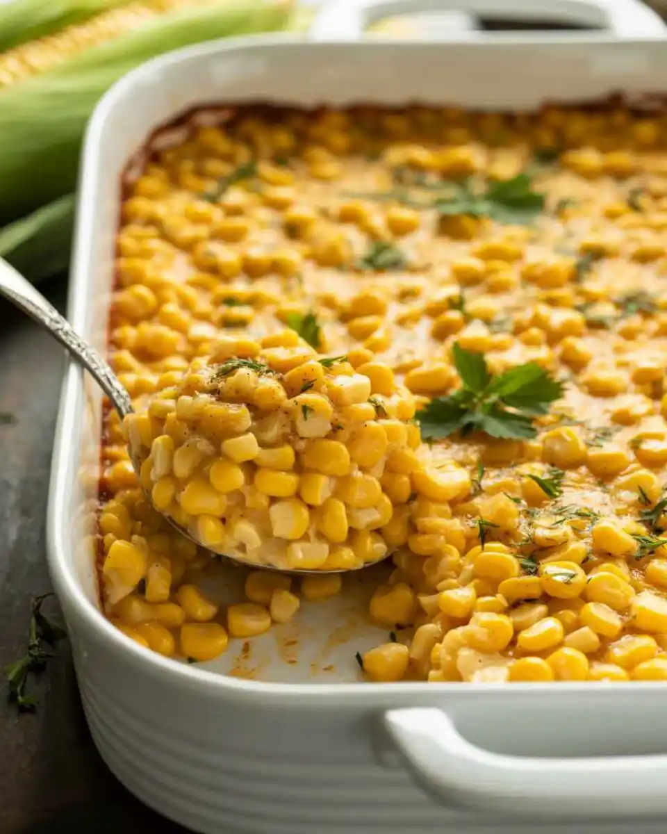 Corn casserole recipe freshly baked in a white dish