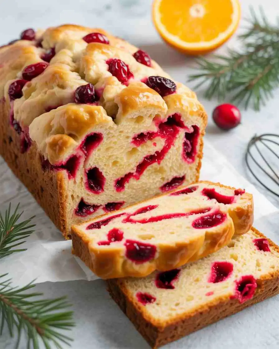 Cranberry orange bread loaf on wooden board
