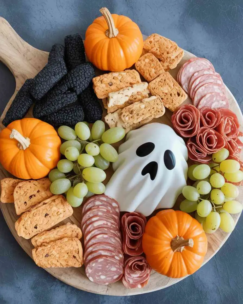 Halloween charcuterie board with spooky treats