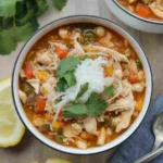 White chicken chili in rustic bowl with toppings