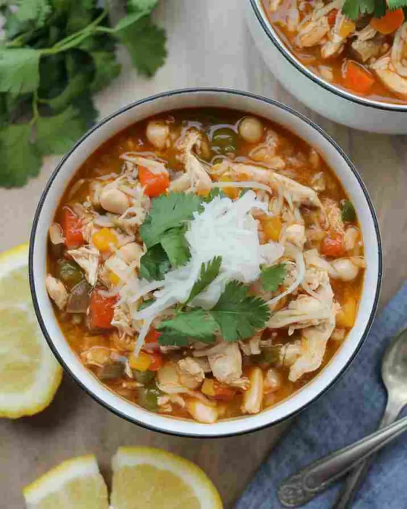 White chicken chili in rustic bowl with toppings