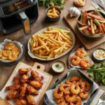 Ninja Air Fryer recipes with crispy chicken, fries, and shrimp