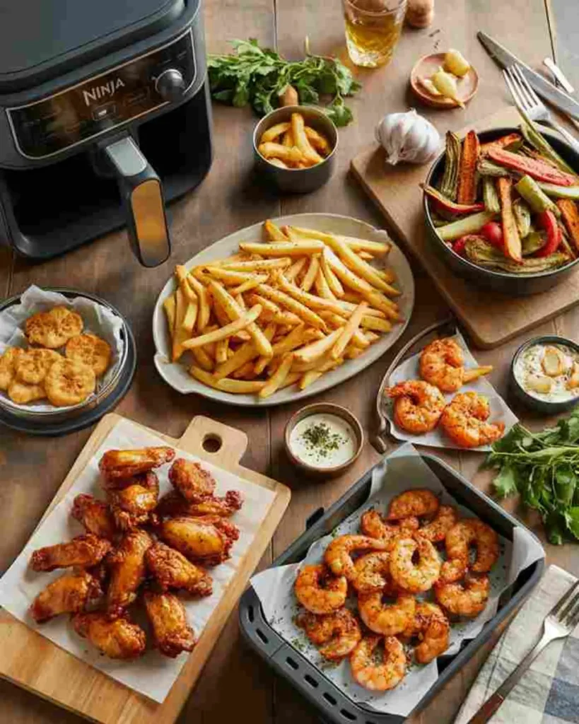 Ninja Air Fryer recipes with crispy chicken, fries, and shrimp