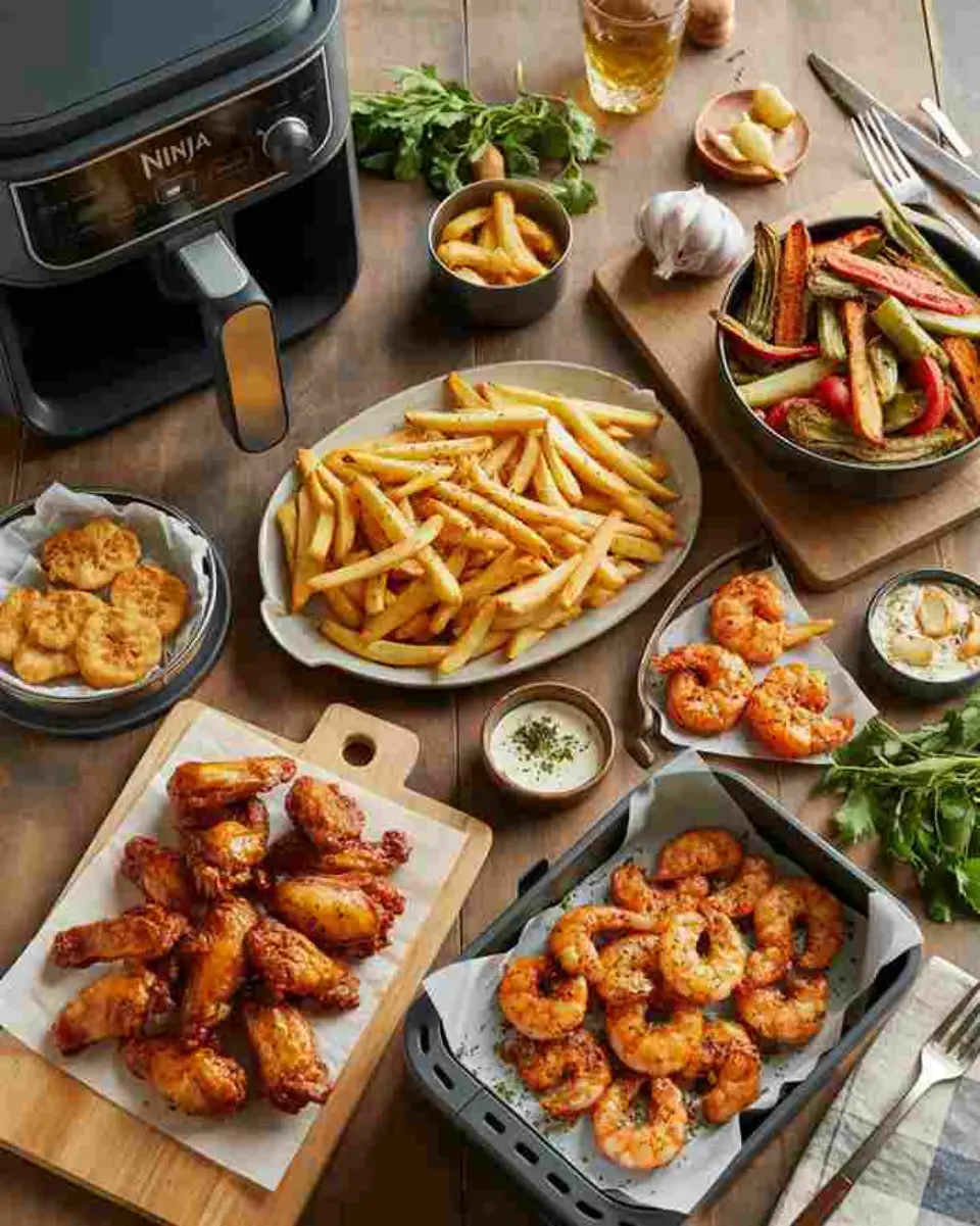 Ninja Air Fryer recipes with crispy chicken, fries, and shrimp