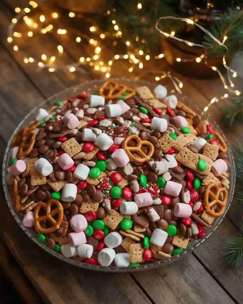 Reindeer food recipe snack mix in a festive Christmas kitchen