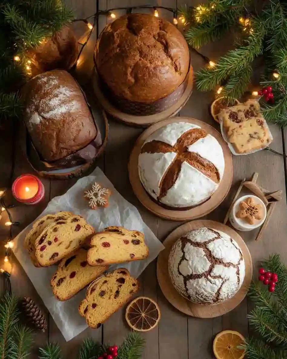 christmas bread loaves on rustic holiday table