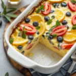 golden make ahead breakfast casserole on a rustic table