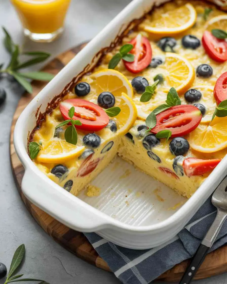 golden make ahead breakfast casserole on a rustic table