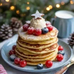 Christmas pancakes with festive toppings on a holiday breakfast table