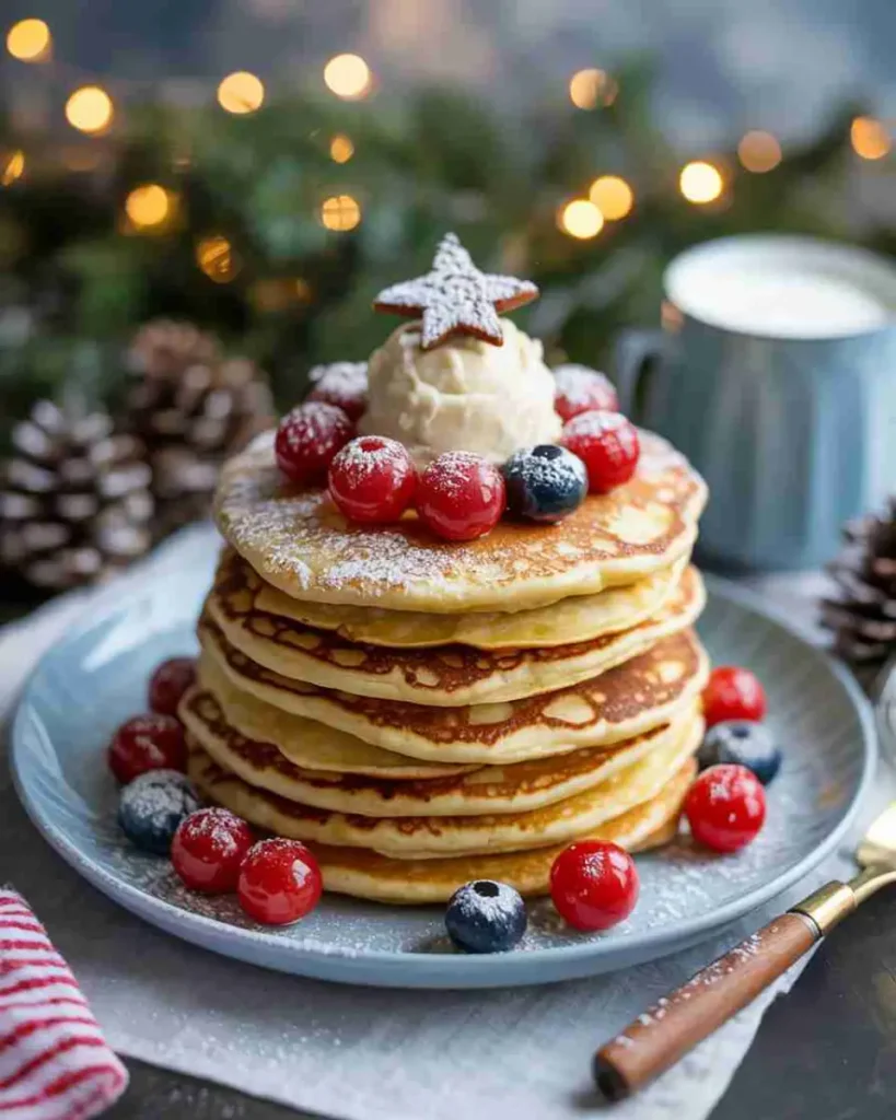 Christmas pancakes with festive toppings on a holiday breakfast table