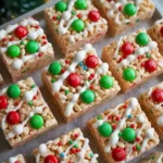 Christmas Rice Crispy Treats on tray with festive toppings