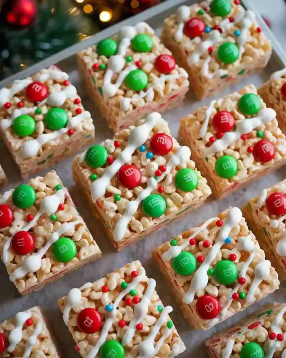 Christmas Rice Crispy Treats on tray with festive toppings