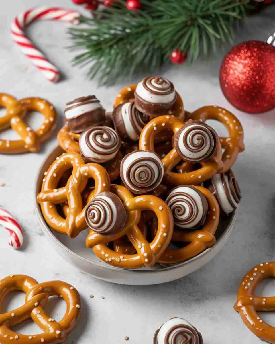 Christmas Rolo Pretzels on holiday dessert tray