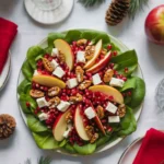 Christmas salad with fruits, greens, and cheese on holiday table