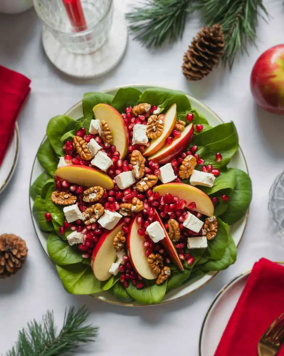 Christmas salad with fruits, greens, and cheese on holiday table