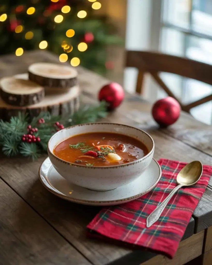 Christmas soup served in cozy holiday setting