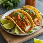 Fish taco sauce recipe served over tacos with garnishes