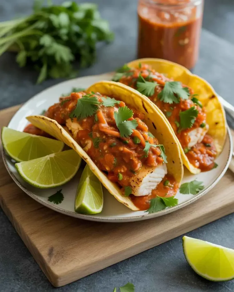 Fish taco sauce recipe served over tacos with garnishes