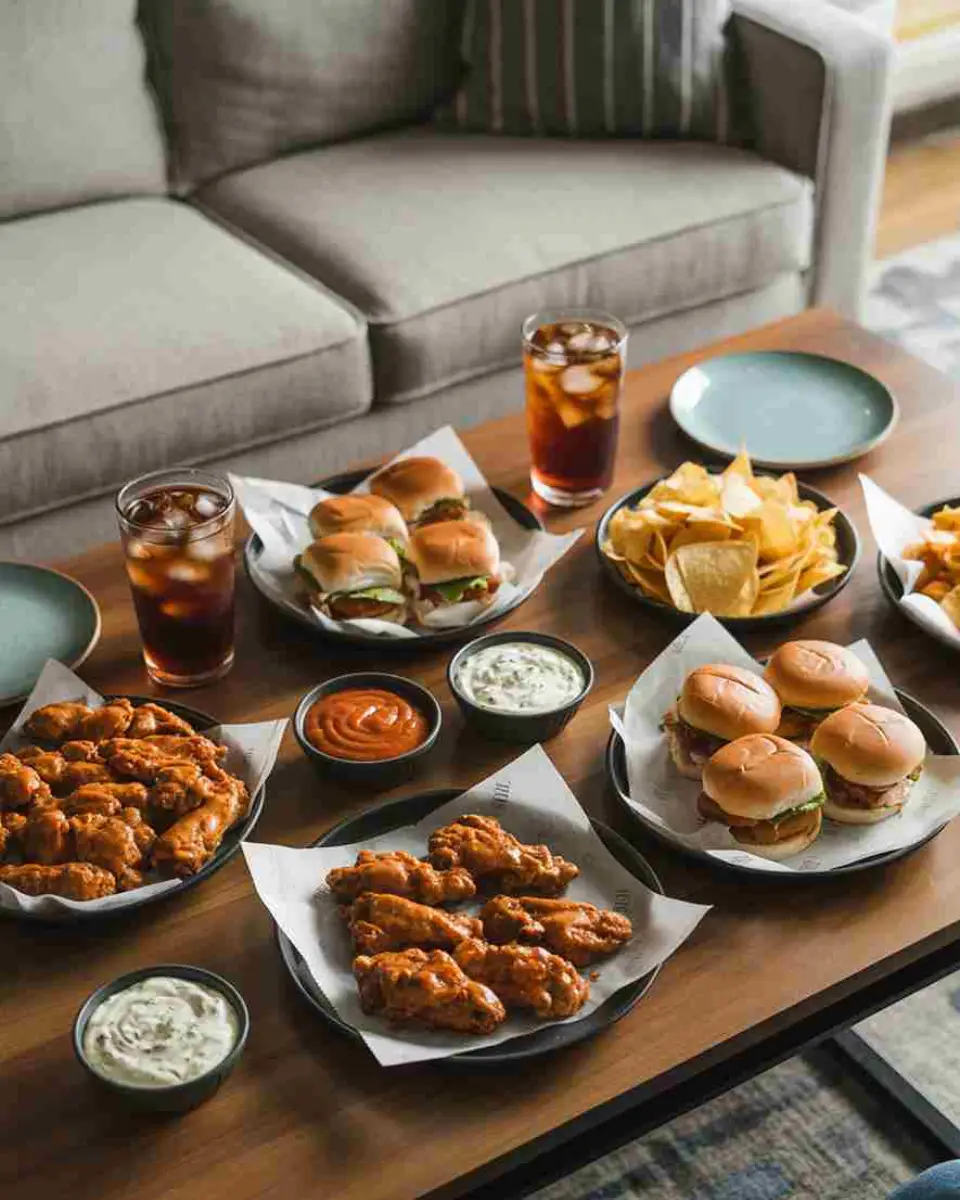 Game day recipes spread with wings, sliders, and dips
