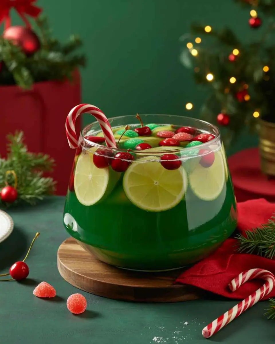 Grinch Punch Recipe in holiday punch bowl
