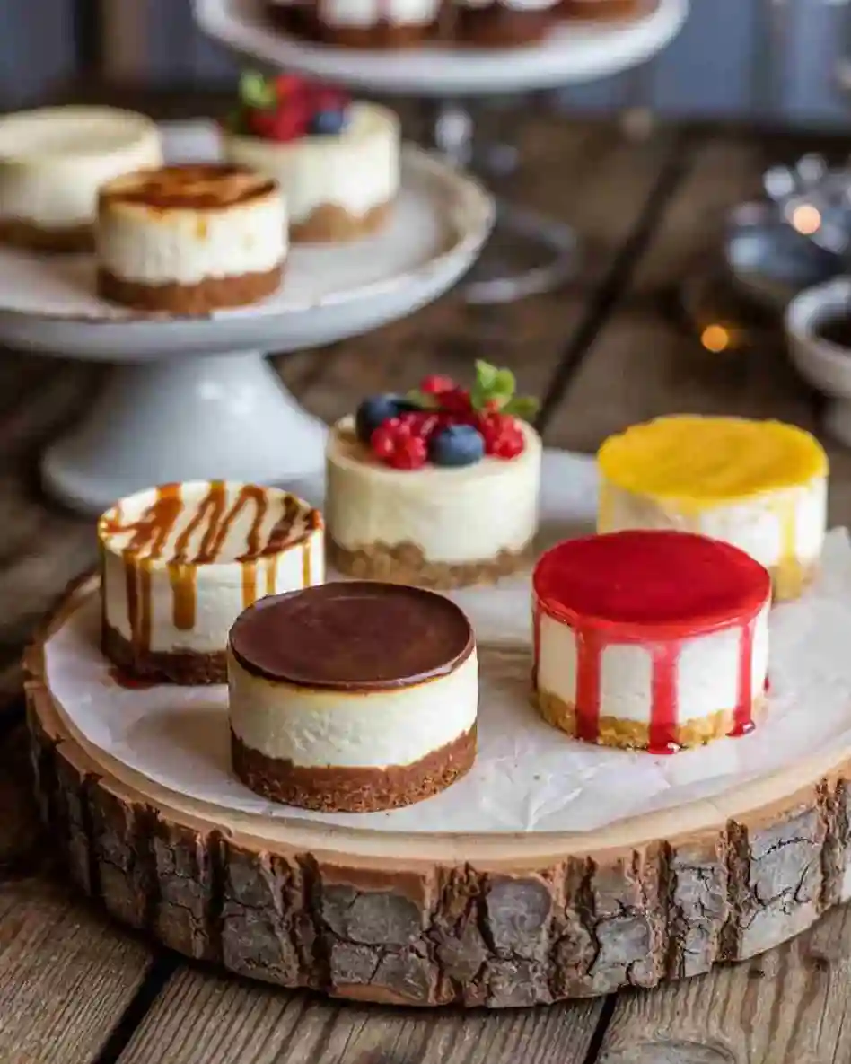 assorted mini cheesecake recipes on wooden table