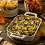 Hot spinach artichoke dip baked in white dish