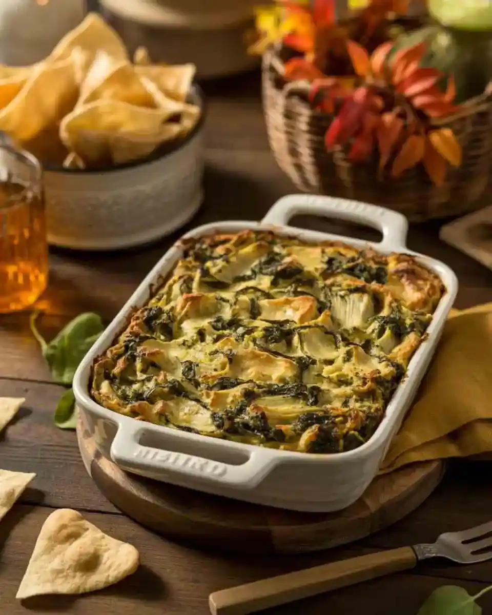 Hot spinach artichoke dip baked in white dish