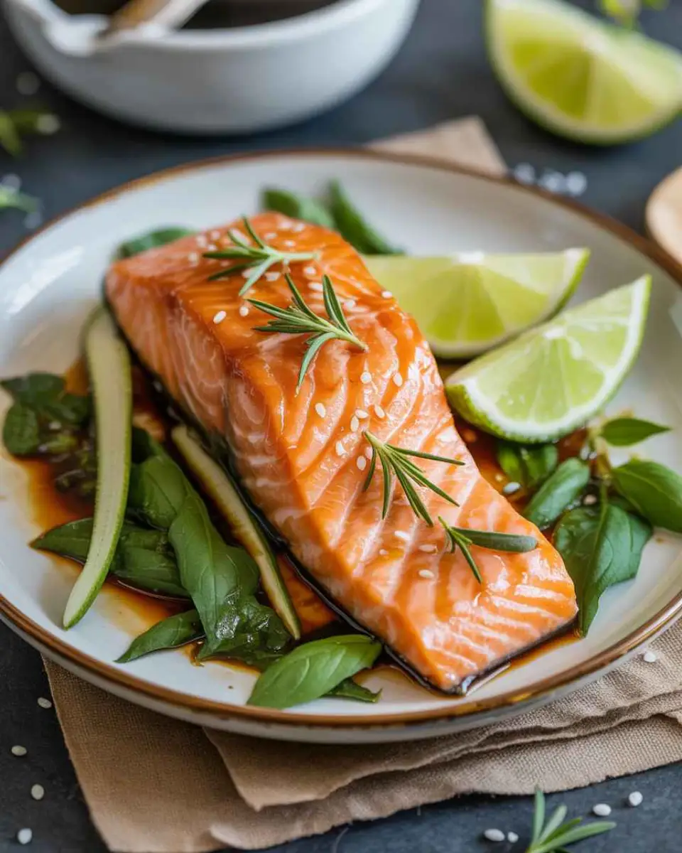 Teriyaki salmon served with rice and broccoli on a wooden table