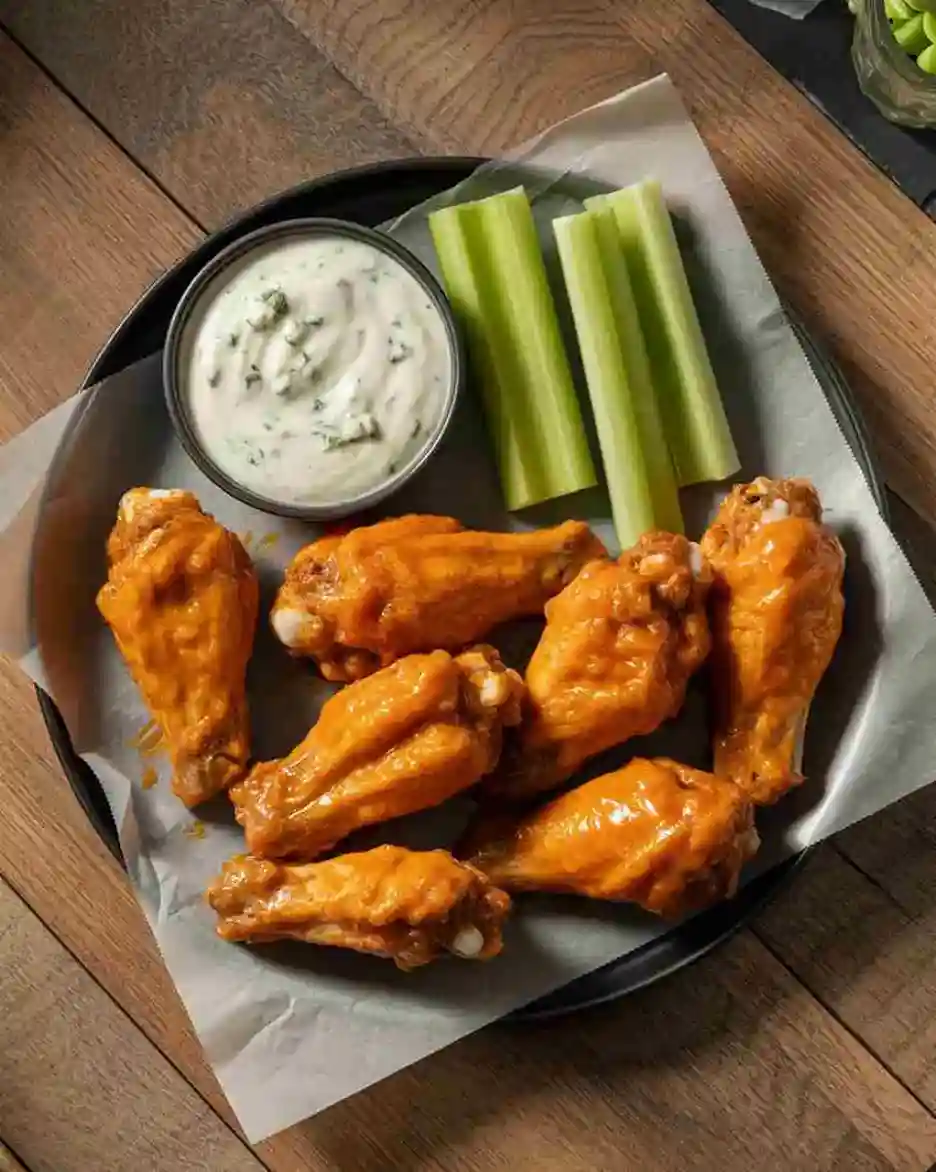 Buffalo wings on rustic plate with dipping sauce