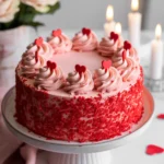 Romantic red velvet Valentine cake with pink frosting and heart sprinkles