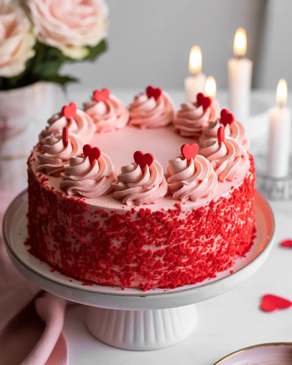 Romantic red velvet Valentine cake with pink frosting and heart sprinkles
